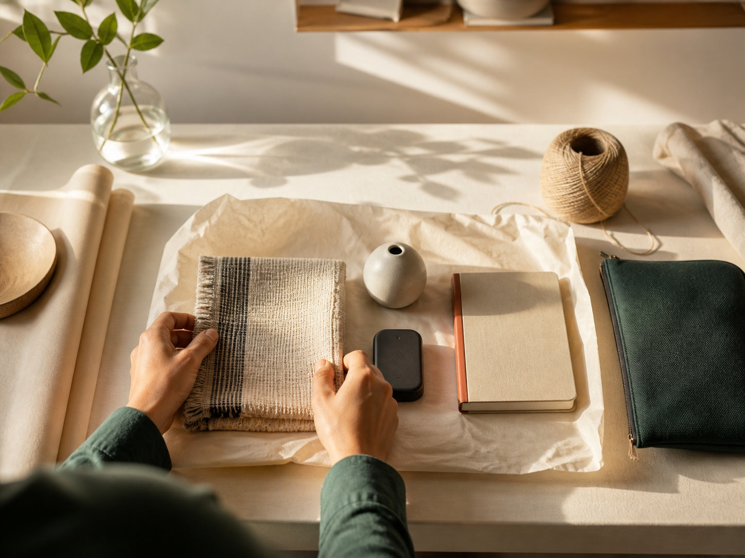 Thoughtfully selected everyday materials and objects being arranged by hand